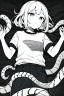 Placeholder: girl in T-shirt lying on the ground and covered with snakes, greyscale