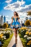 Placeholder: fullbody girl makeup wearing a gold and blue victorian short dress walking in moder city of 2040 park ,flowers ,pretty clouds in blue sky,city escape.