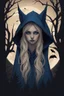 Placeholder: Very realistic dark and whimsical illustration, She has large, captivating eyes with bright blue irises and her face is framed by wavy blond hair. She wears a bright blue hooded cloak, under which bats are seen flying. The background is a haunting forest with tall, silhouetted trees, and a white moon casting its glow. he atmosphere is mysterious with elements of gothic fantasy with wolf in the background, by artgerm and rutkowski ,8k, UHD, magic fantasy