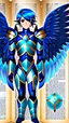 Placeholder: a human male with blue short hair and blue wings in assymetrical armor with geometric patterns and a book in hand