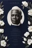 Placeholder: An extremely formal, funeral program for a black man on darkest blue deeply pigmented velvet paper with brilliant, brightest heavy white fonts, simple, minimalistic, less element, very dramatic lighting, detailed, white flowers,