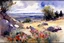 Placeholder: Sunny day, clouds, flowers, rocks, trees, distant mountains, spring, sci-fi, fantasy, john singer sargent watercolor paintings