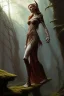 Placeholder: painting of a tall elven young woman with short light brune hair and freckles on the cheak bones and tall body of a topmodel light clothes, long shot, ultra realistic, concept art, intricate details, eerie, highly detailed, photorealistic, octane render, 8 k, unreal engine. art by artgerm and greg rutkowski and charlie bowater and magali villeneuve and alphonse mucha