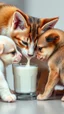Placeholder: 4 small puppies drinking milk from a cat