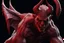 Placeholder: Realistic ghoulish devil leaning forward at an angle facing right, posed as if over a shoulder, red skin, horror style, no other person.