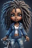 Placeholder: create an airbrush illustration of a chibi cartoon voluptuous black female wearing a blue jean outfit with biker boots. Prominent make up with hazel eyes. Extremely highly detail of a twisted dreadlocks. Background of a bike show.