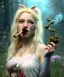 Placeholder: Ultra realistic wonderland photo, happy blonde woman smoking a pipe, blue dress, white rabbit pet, circus dress style, old school tattoo, smoke, marijuana garden, glow eyes, perfect iris, soft color, highly detailed, unreal engine 5, ray tracing, RTX, lumen lighting, ultra detail, volumetric lighting, high definition.