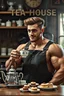 Placeholder: a young mechanic man with huge muscles and his top off enjoying high tea by himshelf with little cakes, with large title( greased n i p s member TEA HOUSE)