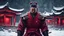 Placeholder: Hyper Realistic handsome-muscular-samurai training outside a Dark-Abandoned-Red-Colored-detailed-crafted-Chinese-Temple Almost Covered in Snow at dark-snowfall-night