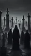 Placeholder: Many figures in black robes stand in the middle of the dark cemetery, gray tones