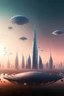Placeholder: Realistic Dubai is invaded by group of aliens with big spaceships and around dawn time, galaxy sky overlay