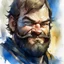 Placeholder: dnd, fantasy, watercolour, large strokes, stylistic, portrait, illustration, dull colours, male, face, sturdy wide face, weathered face, sly, violent, evil, smiling