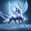 Placeholder: surreal illustration of a unicorn on frozen ground, realistic, surrealism, surreal unicorn with glowing wings, glowing soft and smooth wings, shadow, abstract surreal fantasy art, highly detailed, intricate patterns on wings, soft studio lighting, smooth dark blue background 64k