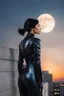 Placeholder: Photo Of A slim Woman With Black Hair, Wearing an android-looking suit, standing sideways On a ledge of a building, with a waning moon Behind Her Head, sunset with small clouds