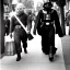 Placeholder: Creepy old photo of star wars Yoda and ewok type people out shopping at old town