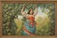 Placeholder: a lush jungle, a woman dressed in embroidered folk costume with a beaded bonnet on her head holding on to a vine with one hand while swinging across and reaching for the next vine with the other, dynamic movement, sunshine, oil on canvas