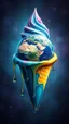 Placeholder: art create a 4k image of planet earth in side a multi colours ice cream cone , in the style of Luis Royo, Bosch painting style large droplets of viscous syrupy fluid, around the cone in the stars in the background
