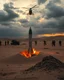 Placeholder: A nuclear rocket buried half way in the desert sands , the army is surrounding the area a military helicopters is hovering above the scene, cloudy gloomy back ground in sunset time