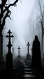 Placeholder: Scary silhouette in black mantle in fog with cane stands in the middle of an ominous cemetery