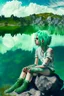 Placeholder: woman sitting on a rock, in a lake, green mottled skin, green hair, blue sky, wite clouds