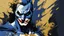 Placeholder: poster in two gradually, a one side half face Batman darkblue tones and other side half face Joker gold tones, painting by Yoji Shinkawa,