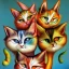 Placeholder: prompt, Fantasy harlequin cats by Louis Wain, by Catherine Abel, by Gediminas Pranckevicius, fantasy, oil on canvas, beautiful, high details, ultra detailed, crisp quality, colourful, high definition