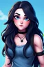 Placeholder: Beautiful; stunning; Blue eyes, long wavy black hair, pale skin character in fortnite (fortnite video game), (vivid), ((fortnite cartoon character)), fortnite animation, fortnite skin, (tilted towers fortnite map), full body shot, bright and dynamic coloring, (fortnite epic games), semi realistic