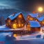 Placeholder: tiny fantasy farming village at night with wooden buildings in winter moonlight