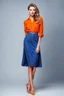 Placeholder: full body of very beautiful lady midi blue skirt and orange bluse , Braided hair ,standing idle happy pose in studio pretty makeup