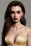 Placeholder: Portrait busty and face, Lilly collins face, brown eyes, wearing Womderfull dress,