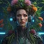 Placeholder: Expressively detailed and intricate 3d rendering of a hyperrealistic: woman, cyberpunk plants and flowers, neon, vines, flying insect, front view, dripping colorful paint, tribalism, gothic, shamanism, cosmic fractals, dystopian, dendritic, artstation: award-winning: professional portrait: atmospheric: commanding: fantastical: clarity: 16k: ultra quality: striking: brilliance: stunning colors: amazing depth