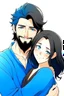 Placeholder: Anime man with beard, handsome and happy, holding wife (black hair and blue eyes). Romantic and in love