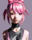 Placeholder: Detailed cute anime Kunoichi girl, pink hair buns, pink bangs, black latex bodysuit, intricate details, full body portrait, keep head in frame, slight smile, black Japanese motif, concept art, highly detailed, digital painting, concept art, sharp focus, illustration, art by Yoji Shinkawa, WLOP and greg rutkowski and alphonse mucha and artgerm and yanjun Chen and Junji ito and Makoto Shinkai, HDR, octane render