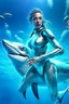 Placeholder: a female cyborg, cyberpunk, underwater, riding a mechanical dolphin, she is a warrior of the sea with a silver trident in hand, her eyes glow with data scrolling in them, beautiful sea life swims around her as she scans for danger, vivid colors, unseen light shimmers, imaginative overlays, artistic fusion, masterpiece, high quality, 8k, photorealistic detail,