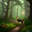 Placeholder: fantasy art, book illustration, "As you ride deeper into the forest, you begin to see signs of wildlife. A deer dashes across the trail ahead of you, and you hear the rustling of leaves as a squirrel scurries up a nearby tree. "