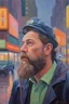 Placeholder: Maria Lassnig oil painting a dreaming beard Actor in the 80's in piccadilly neon lights during rainy day oil painting, by anna Pugh oil painting