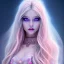 Placeholder: beautiful, soft, smiling face, whole head, long straight blonde hair blues eyes, crown on the head, clothing in transparent bluish and pink veil, background brillante bluish and pink, hight definition, 8K