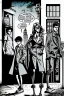 Placeholder: Design a detective book cover for teenagers. Three teenage detectives in the centre, one boy on her left, the girl in the centre and one on her right are on the town street. Black cat. Banksy style, modern comic book style, mysterious atmosphere,