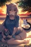 Placeholder: ragazza con gatto in riva al mare durante un tramonto