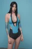 Placeholder: full body, Billie Eilish, Long, pitch-black hair, two ponytails, bangs cut straight across forehead, blue eyes, Dark, Sultry eyeshadow, eyeliner, mascara, rouge, lipstick, sky blue stained wall in the background, posing wearing an ill-fitting swimming suit, muscular chest