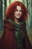 Placeholder: Evil eighteen-year-old girl, green eyes, blood-red curls, dressed in a brown cloak, smiling in the middle of the forest