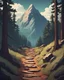 Placeholder: a path that leads to a mountain top, in a pine wood forest, in the style of video game art cover