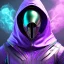 Placeholder: purple galaxy masked hooded super villain, futuristic, teal and purple smoke, full portrait, hyper realistic, 4k