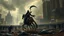 Placeholder: cyberpunk interpretation of Bruegel's "The Triumph of Death", capturing the symbolic "harvest" of humanity. this is terror. A dystopian metropolis under smog sky, where cybernetic grim reapers are executing physical harvest. Many of humans citizens killed an army of cyberwarrior androids and robots, panicking running people, many bodies lying on the ground. a cyber-death warrior in black hood with futuristic gun on a mechanical-robot horse, thriller, detailed, cinematic