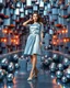 Placeholder: make a picture pretty stage made of metallic blue-gray teme 3d fractal recursive cubic and sphere base structures and a beautiful fashion model lady posing with cute,with silver cyan decholte top and pretty pleated midi skirt,siver high heels ,makeup curvy long hair,dynamic camera zoom to full body and pan, dynamic lights.