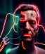 Placeholder: Ultra realistic photographic night portrait, cinematic, <blonde woman> <hanging wires> many wires coming out of the head <perfect pupil> <cyborg arm> <garage> <wide angle Shot> <sci-fi futuristic> <thriller>, neon lights, color fog, soft color, highly detailed, unreal engine 5, ray tracing, RTX, lumen lighting, ultra detail, volumetric lighting, high definition.