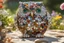 Placeholder: Owl made of gemstones and jewels in a flowergarden in sunshine