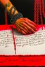 Placeholder: chained hand writing with a red fountain pen, mixed media of acrylic, watercolor, oil, gouache, and ink, by WLOP and Jermy Mann