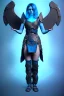 Placeholder: a person in runic armor with blue wings, blue short hair, runic tattoo and spell book