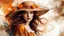 Placeholder: Vintage art, brown and orange shades, sunny day, straw hat for woman, summer dress, splashes of art, in the style of Dante Gabriel Rossetti, Yossi Kotler, Camilla D'Errico, masterpiece, fine art in the style of Carne Griffiths, Paula Hoppe